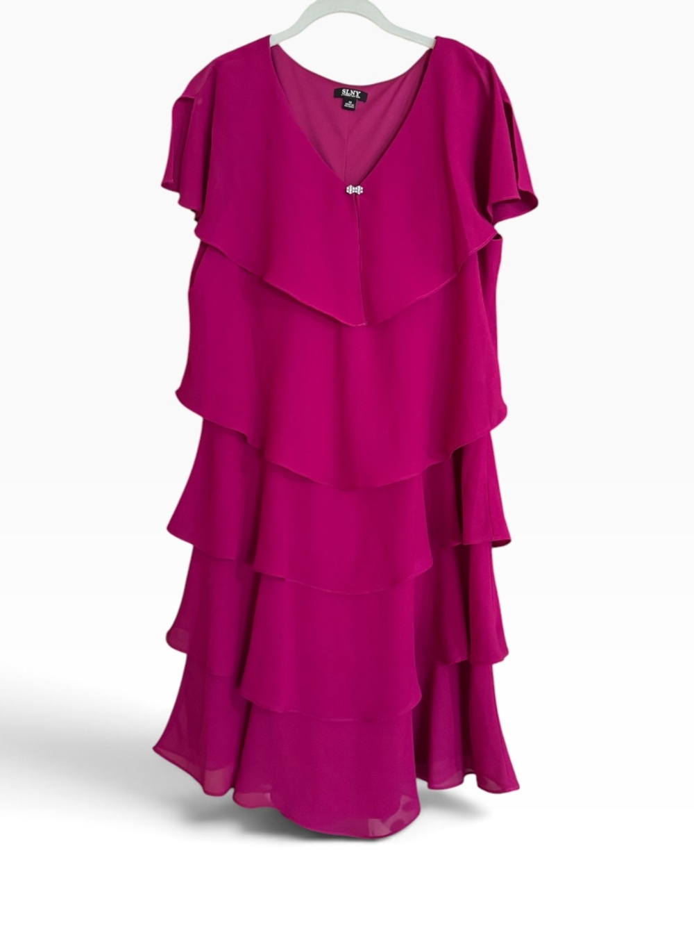 SLNY Fuchsia Chiffon Tiered Cocktail Dress Rhinestone V-Neck Flutter Sleeve Sz18